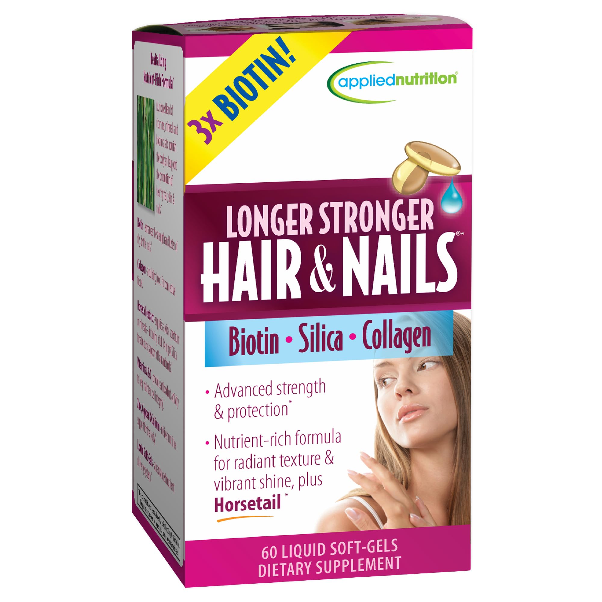 Longer Stronger Hair & Nails - 60 Liquid Soft-Gels - Biotin, Silica & Collagen - 30 Servings