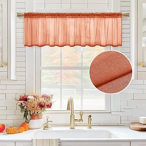 MIULEE Cenefa Transparente Naranja Quemado con Textura de Lino para Media Ventana, Cortina Pequeña Estilo Granja para Cocina, Café, Sala de Estar,