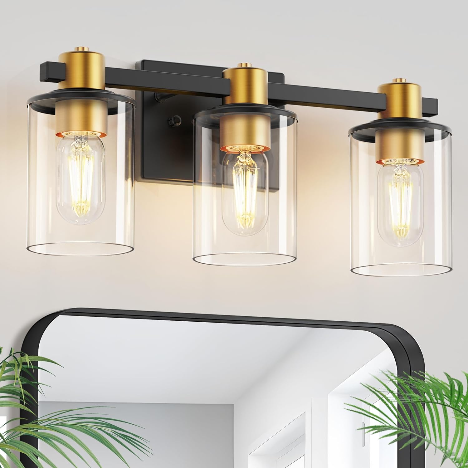 L LOHAS LED Black and Gold Vanity Light, Modern 3-Light Bathroom Light Fixtures with Clear Glass Shade, Vanity Lights for Bathroom Mirror Bedroom Hallway