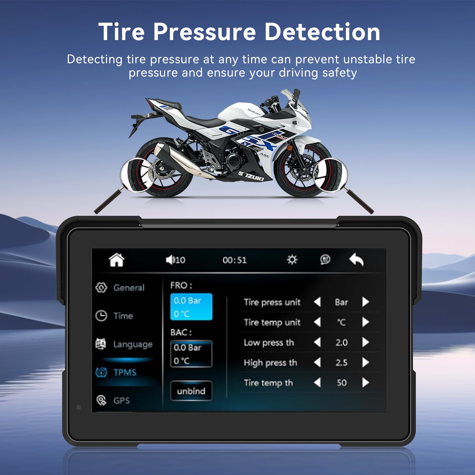 7″ Écran de Carplay de Moto sans Fil pour CarPlay et Android Auto Supporte Détection de la Pression des Pneus, IPX67 étanche, Double Bluetooth, Contrôle de la Voix, GPS