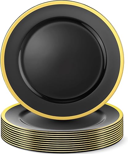 Amyhill Paquete de 24 platos de carga negros a granel con borde dorado, cargadores de plástico de 13 pulgadas, platos de servicio resistentes para