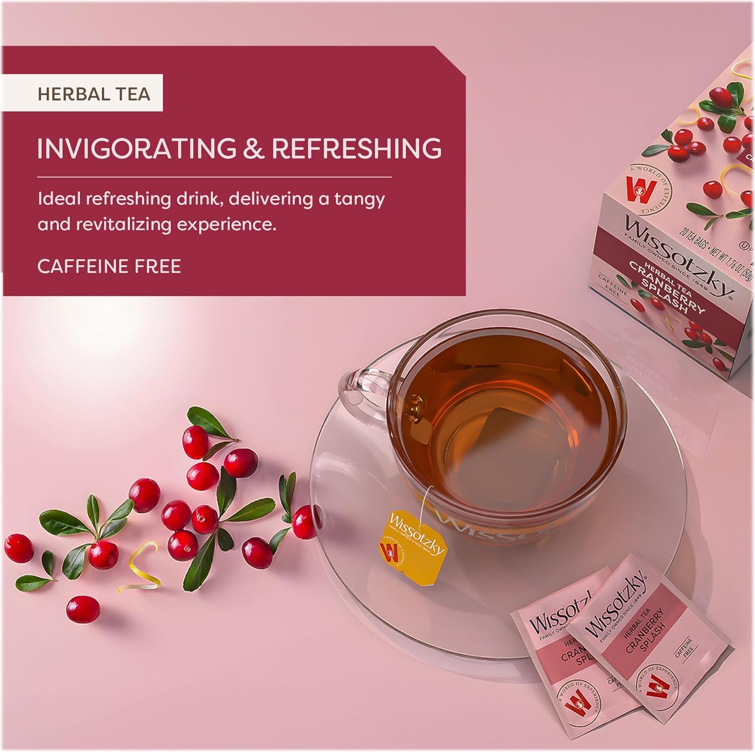 Wissotzky Cranberry Herbal Tea (6 Pack - 120 Teabags) | Refreshing Blend | Caffeine Free Tea | Antioxidant Rich