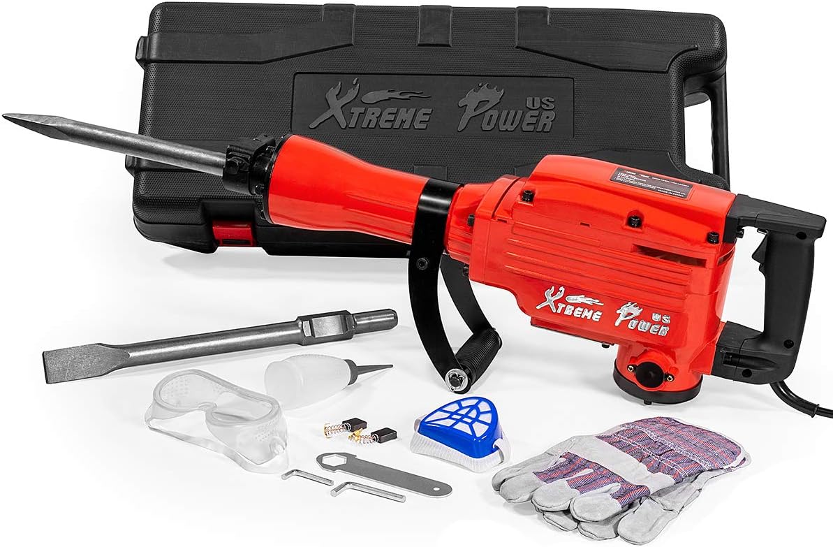 XtremepowerUS 2200W Demolition Jack Hammer Flat Chisel Bull Point Chisel Bits Demo Chipping Hammer Concrete Pavement Breaker DIY Construction Concrete Floor Breaker Punch Drill