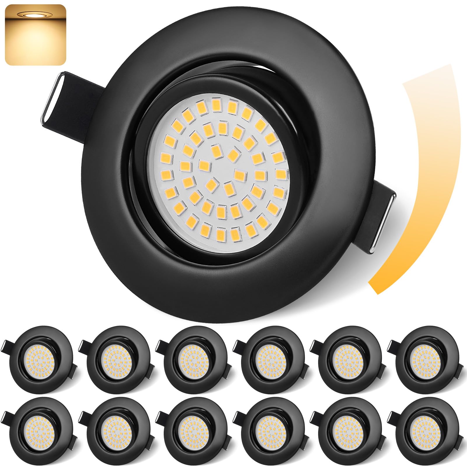 GeyouLux LED Einbaustrahler 230V Dimmbar 68mm 6W IP44 LED Spots 45° Schwenkbar 3000K Warmweiß Deckenspots für Badezimmer Küche Wohnzimmer Einbauspots Flach Einbauleuchten Schwarz 12er set