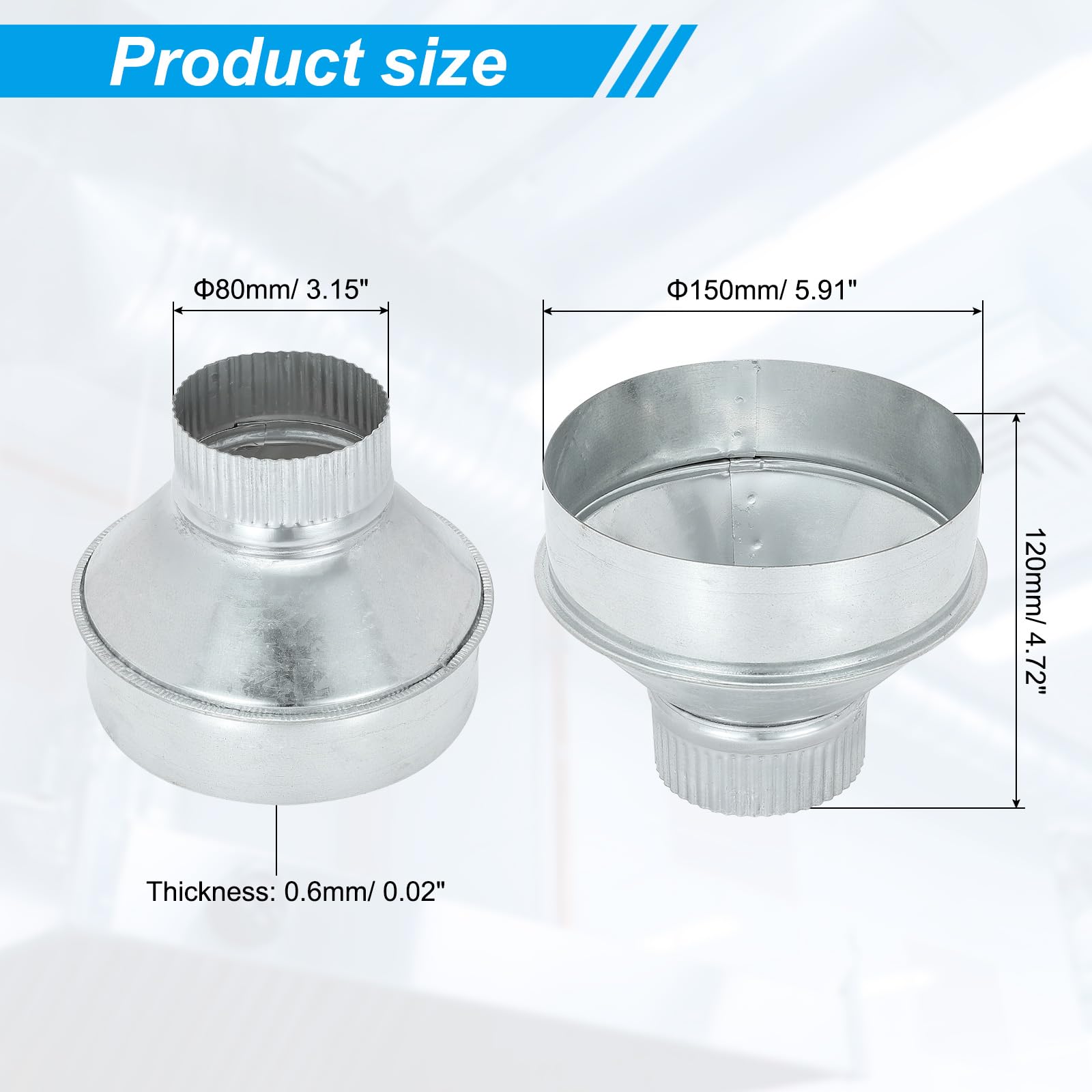PATIKIL 6 Inch to 3 Inch Duct Reducer, Galvanized Steel Round Air Duct Reducer Crimped Pipe Increaser Adapter Connector Fitting Coupling for HVAC, Ventilation Systems - Image 2