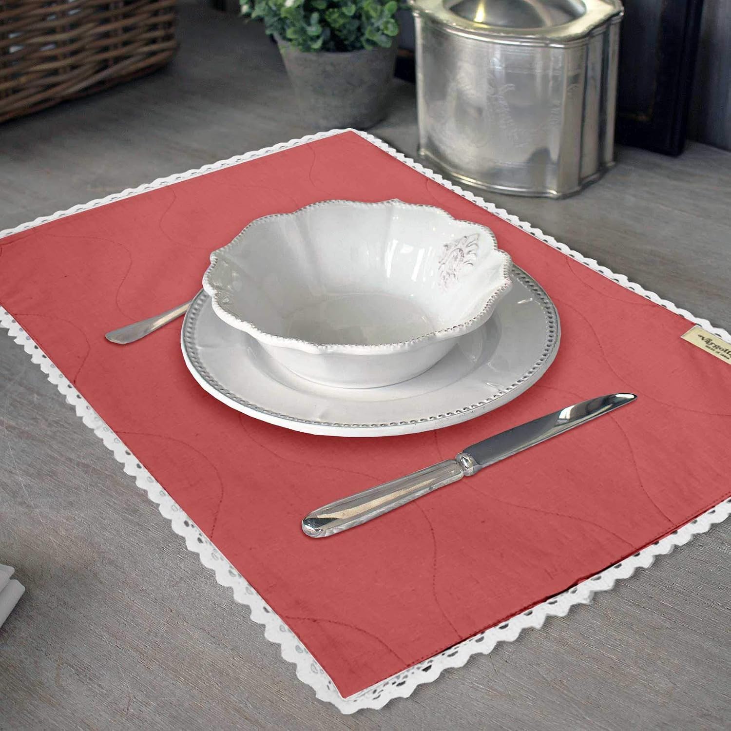 Dark Peach Home Decor Washable Dining Table Mats Reversible Cotton Flex White Lace Placemat-Set of 4