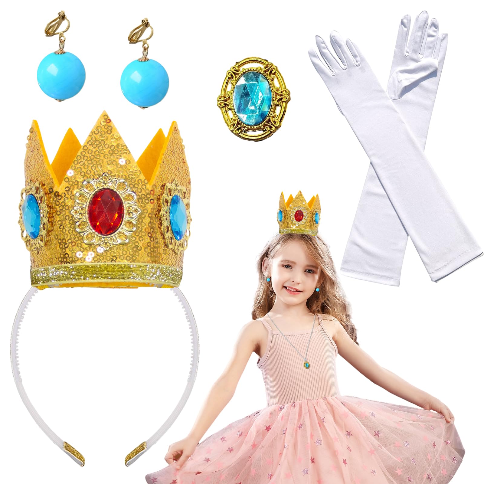 Lithyc Juego De 4 Princesa Peach Vestir Accesorios Guantes/Broches,Juegos De Vestir Accesorios De Princesa,Accesorios De Princesa Para Damas Y NiñAs, Bailes Y Fiestas De Cosplay