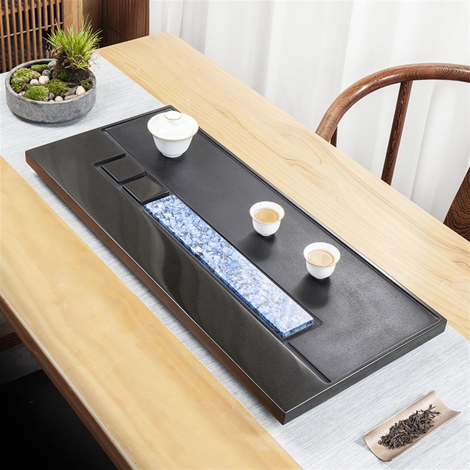 Plateau à thé de Table chinoise maison pierre incrustée d'ébonite entière naturelle Table à Thé pour la Maison Plateau à Thé(80x35x3cm)