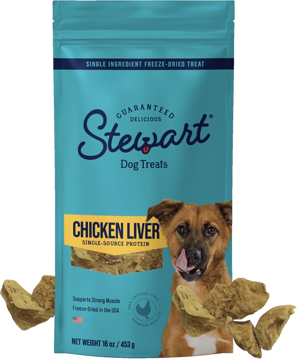 Stewart 100% Chicken Liver Dog Treats, 16 oz Pouch, ~300 Pieces, Freeze Dried Raw, Single Ingredient, 60% Protein Training Treats or Meal Topper, Grain Free, Gluten Free