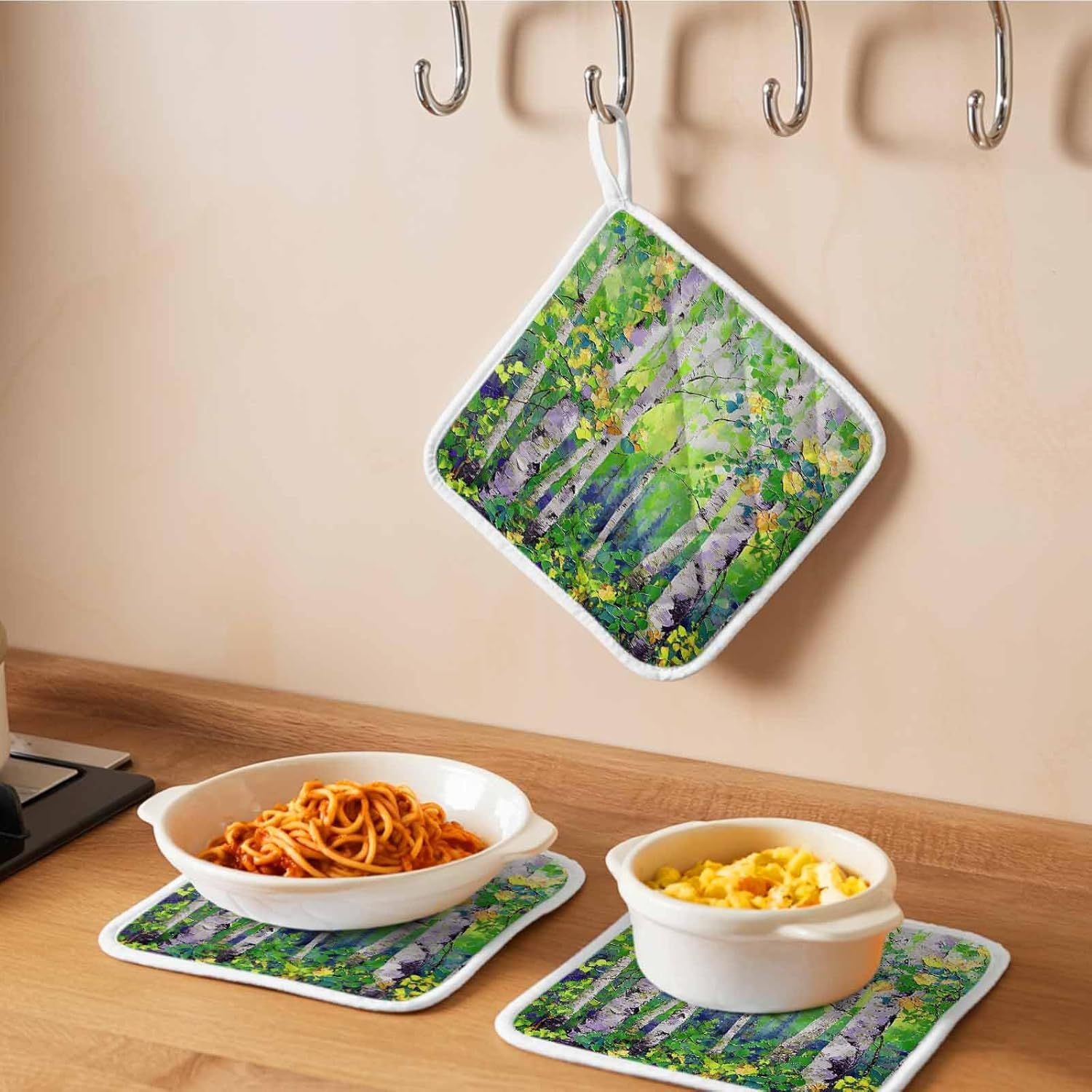 5 Pack Pot Holders for Kitchen, Green Oil Painting Hot Pads for Kitchen Countertops Oven Pot Holder Bulk, Modern Abstract Art Summer Tree Leaves Heat Insulation Potholders with Hanging Loops