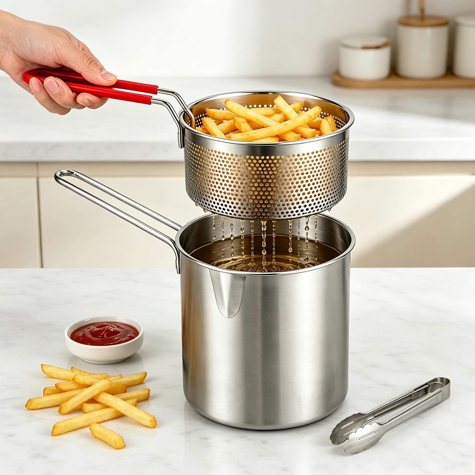 Juego de papas fritas con tapa de cesta, juego de 2 piezas