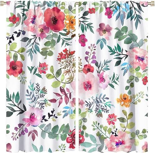 Cortinas opacas florales para ventanas, cortinas florales rosas de acuarela para decoración de hogar, sala de estar, dormitorio, 63 x 63 pulgadas, 2