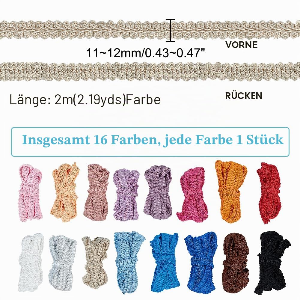 PH PandaHall 32m Gimp Geflechtbesatz 16 Farben Geflochtene Kordel Aus Polyester Gewebter Zopfbesatz Dekoratives Gimpenbesatzband Zum Nähen Hand DIY Handwerk Kostüm Heimdekoration