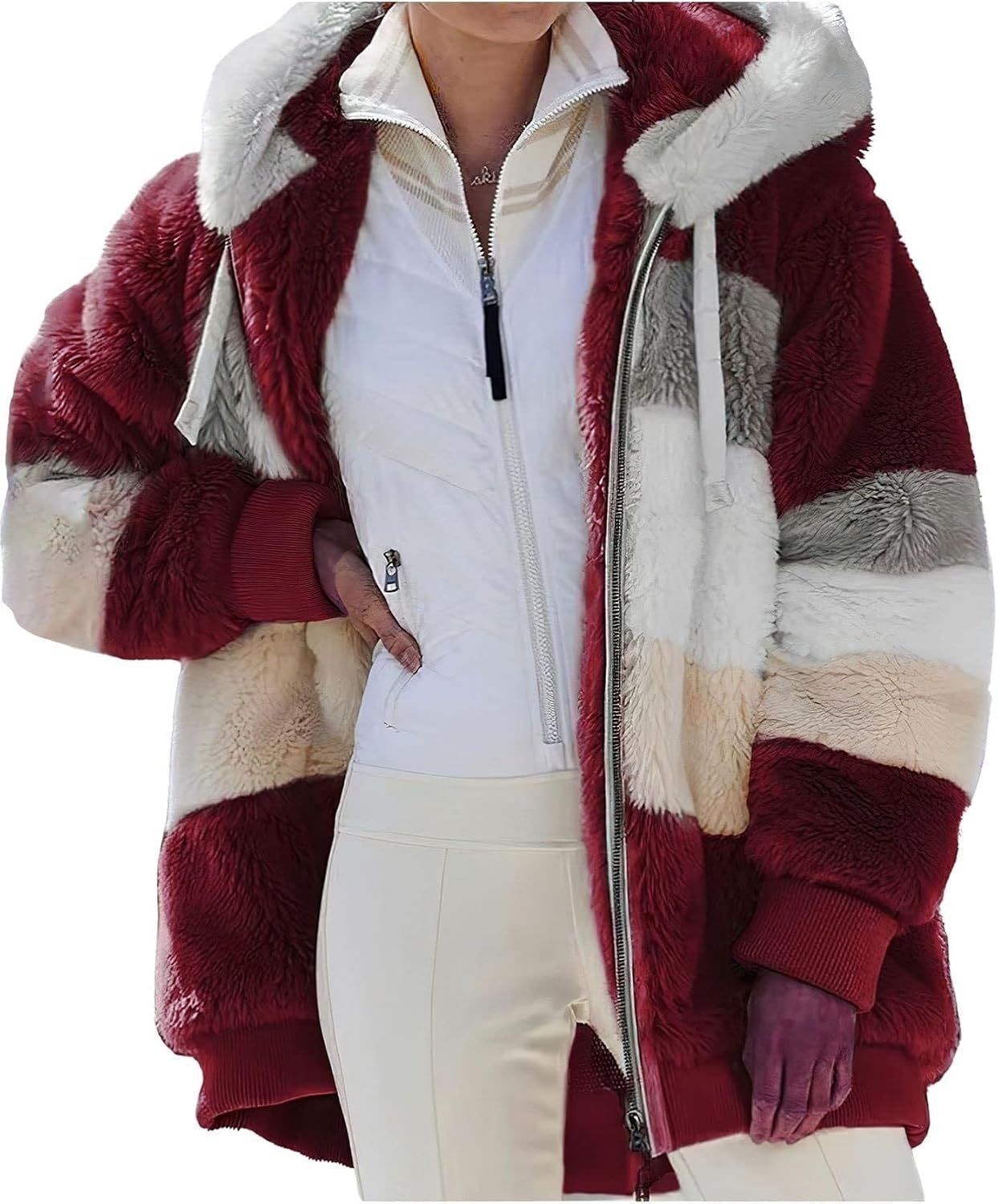 Zaswen Womens Long Sleeve Furry Faux Fleece Hooded Sherpa Jackets Full Zip Up Contrasting Thick Plush Coats with Pockets