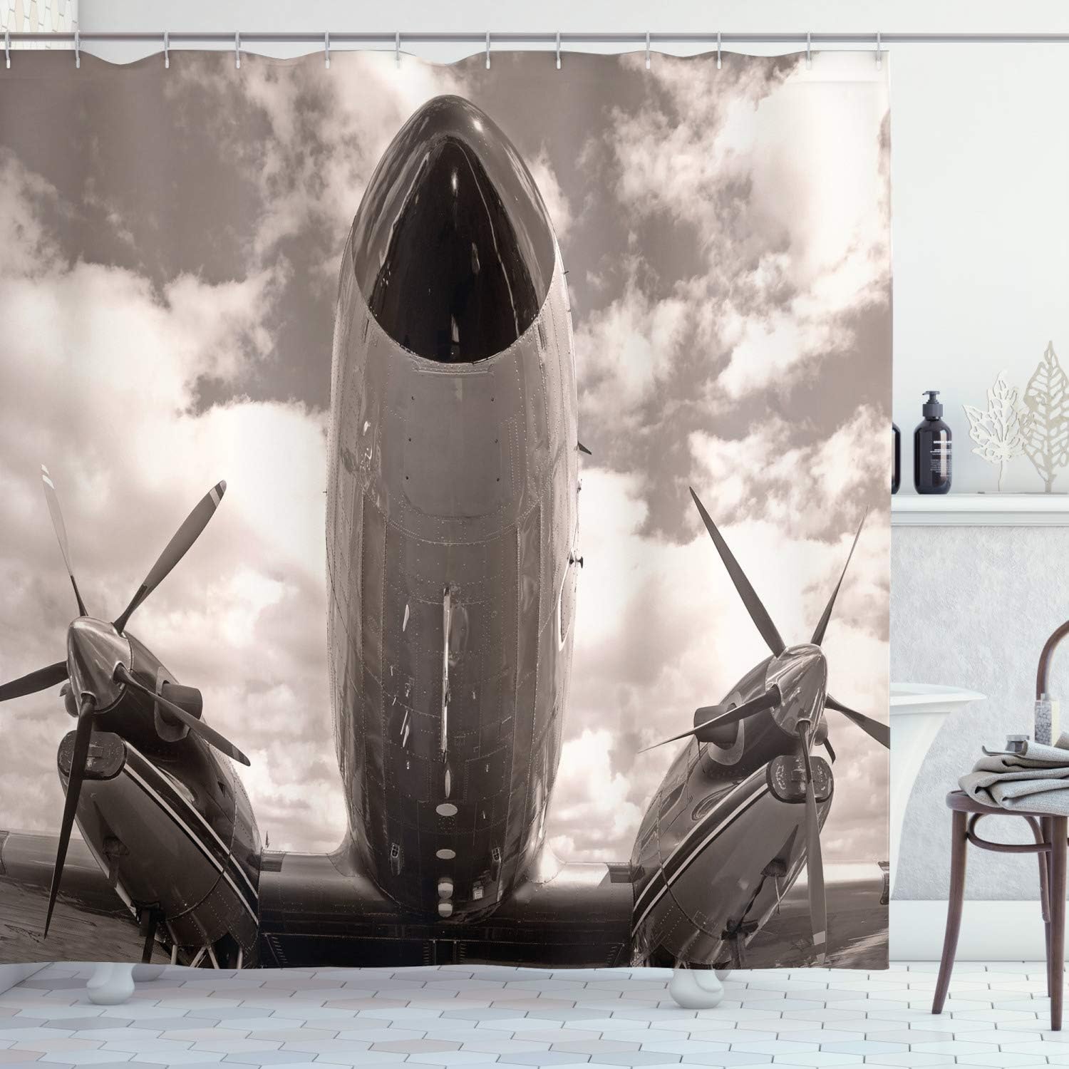 Ambesonne Vintage Airplane Shower Curtain, Turboprop Airplane Nose Close up View and Cloudy Sky Aviation Historic, Cloth Fabric Bathroom Decor Set with Hooks, 69" W x 70" L, Sepia White