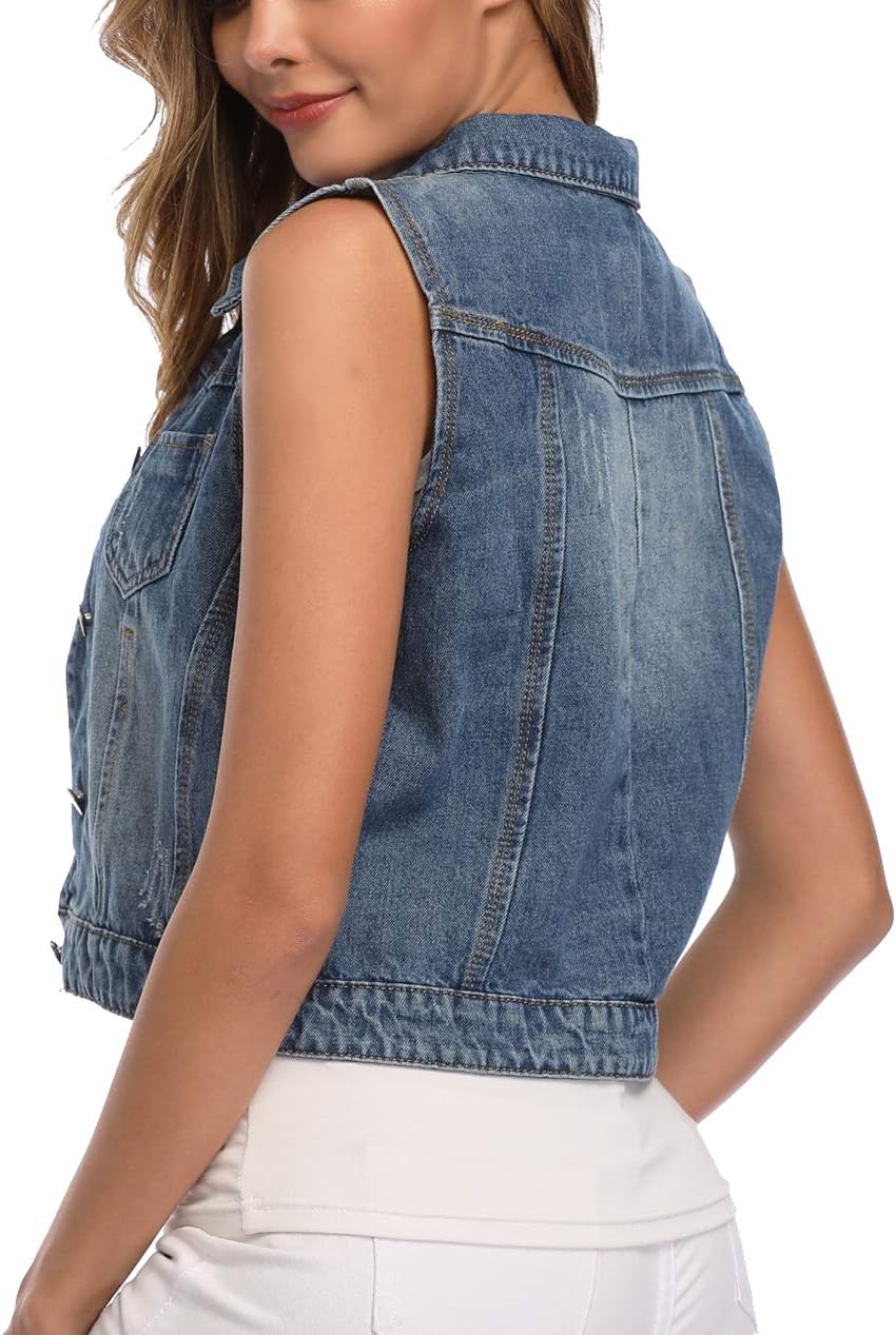 Womens Denim Jean Vest Classic Cropped Distressed Spread Collar Sleeveless Jean Jacket - Image 5