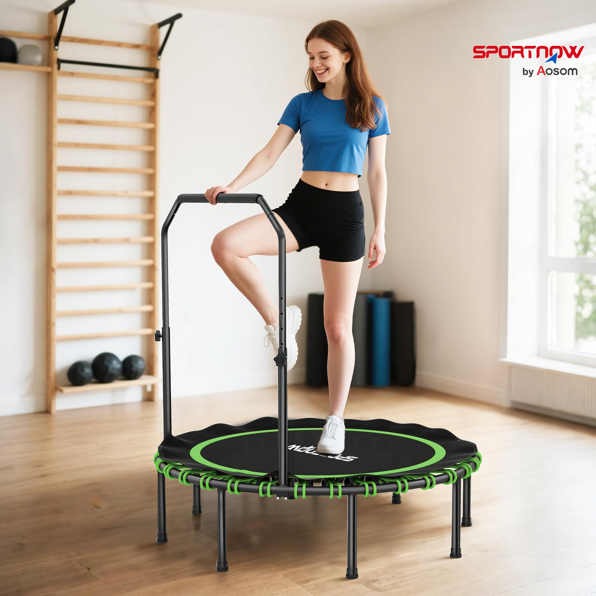 SPORTNOW Trampolina fitness, Ø 114/122 cm, składana, mini trampolina z 5 regulowanymi stopniami uchwytu, cicha gumowa linka, trampolina dla dorosłych, do użytku wewnątrz i na zewnątrz