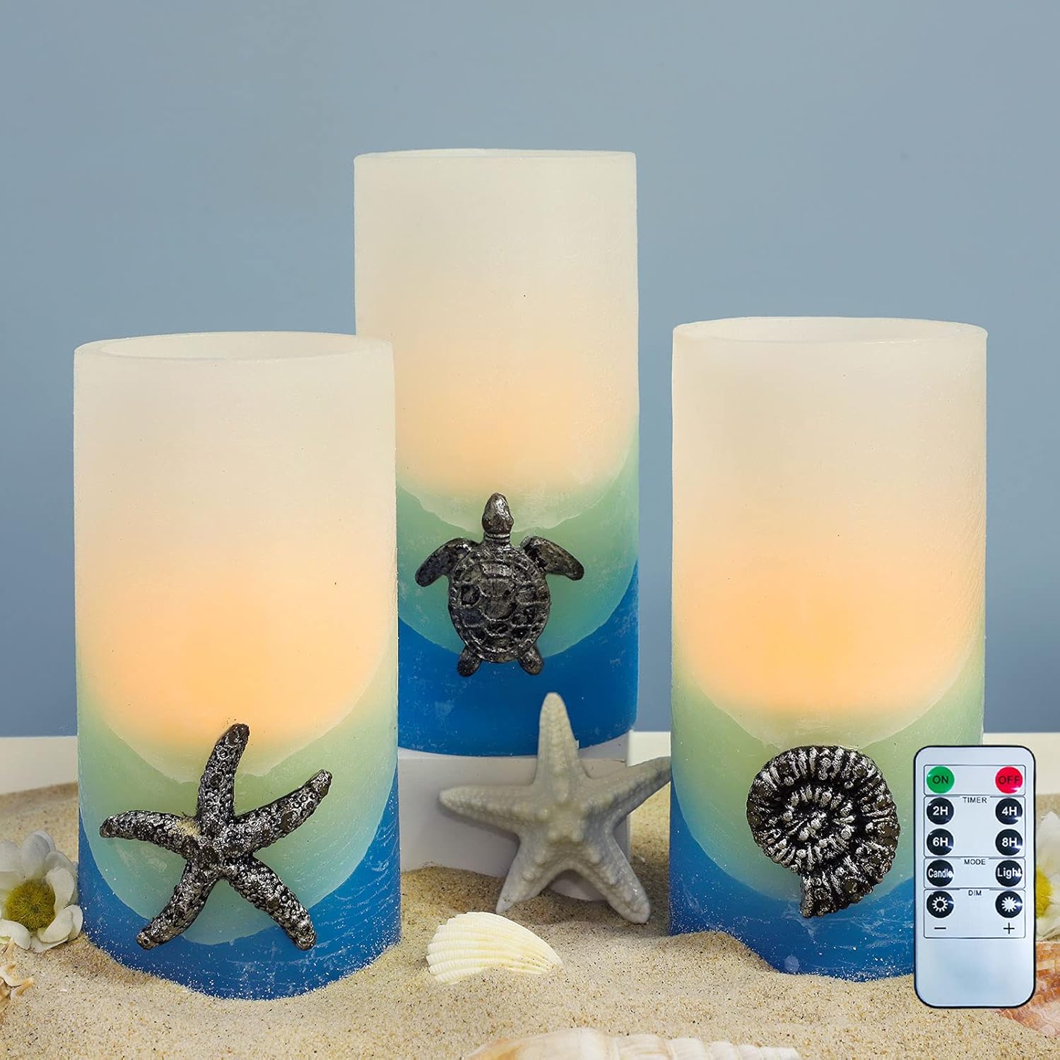 Blue Flameless Candles, Nautical Themed Starfish, Conch, Seahorse Flickering Flameless Candles with Timer, Remote Set of 3 Pillar Led Candles for Wedding,Bedroom,Party,Gift