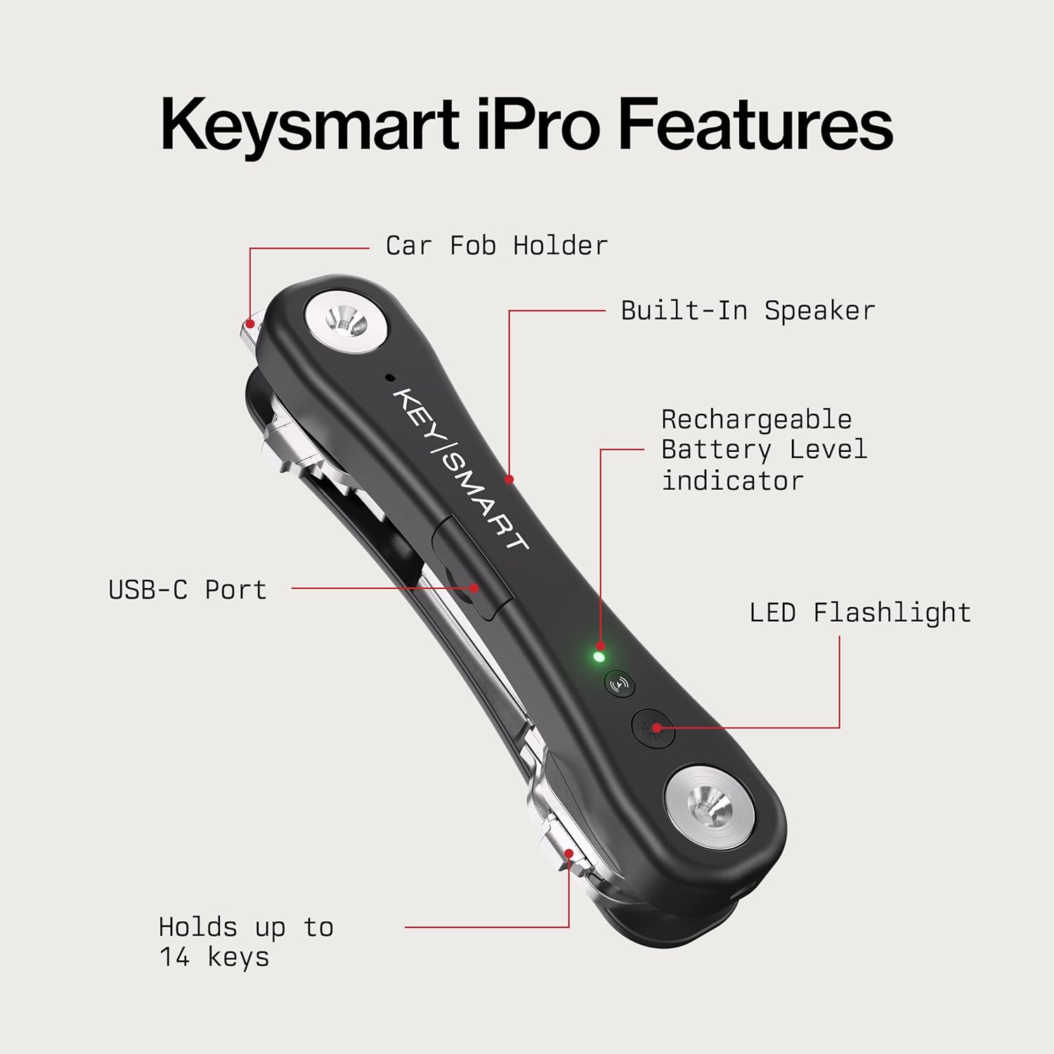 KeySmart iPro - Key Finder Locator with Sound, Keychain Key Holder, Apple Find My App Compatible, Key Organizer, Compact Clutter-Free Key Chain Tracker, Rechargeable Battery (Up to 14 Keys, Black)