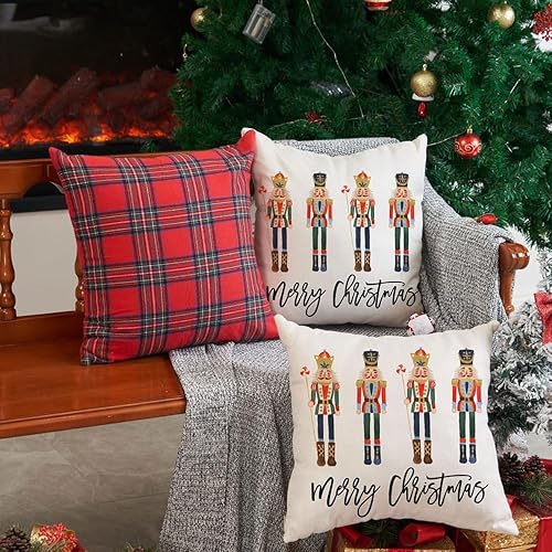 Miniatura 5 de Juego de 2 fundas de almohada de 18 x 18 pulgadas con diseño de cascanueces para decoración navideña de invierno y fiestas, para sofá G18