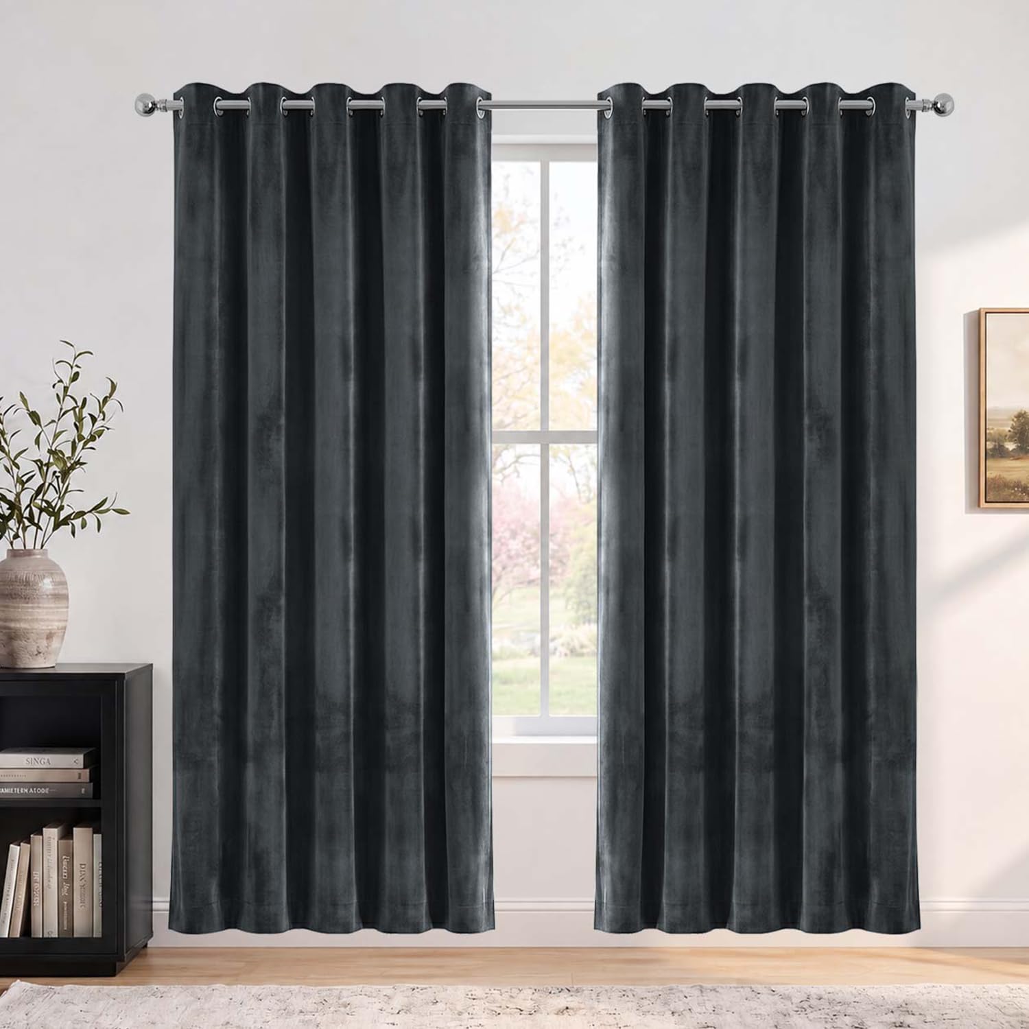 Hafaa Blackout Curtains for Bedroom 66x84 Charcoal Velvet Curtains 2 Panels