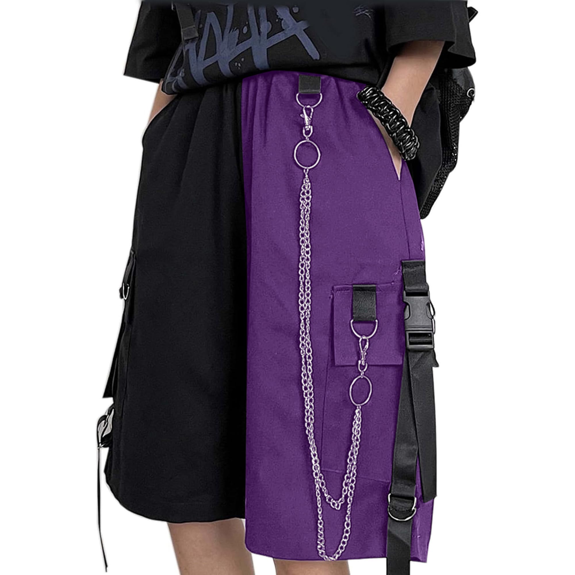MEINVQIAOTI Schwarze Cargohose für Damen, Street Harajuku, lockere, gerade Shorts, Schwarze Hose mit Ketten