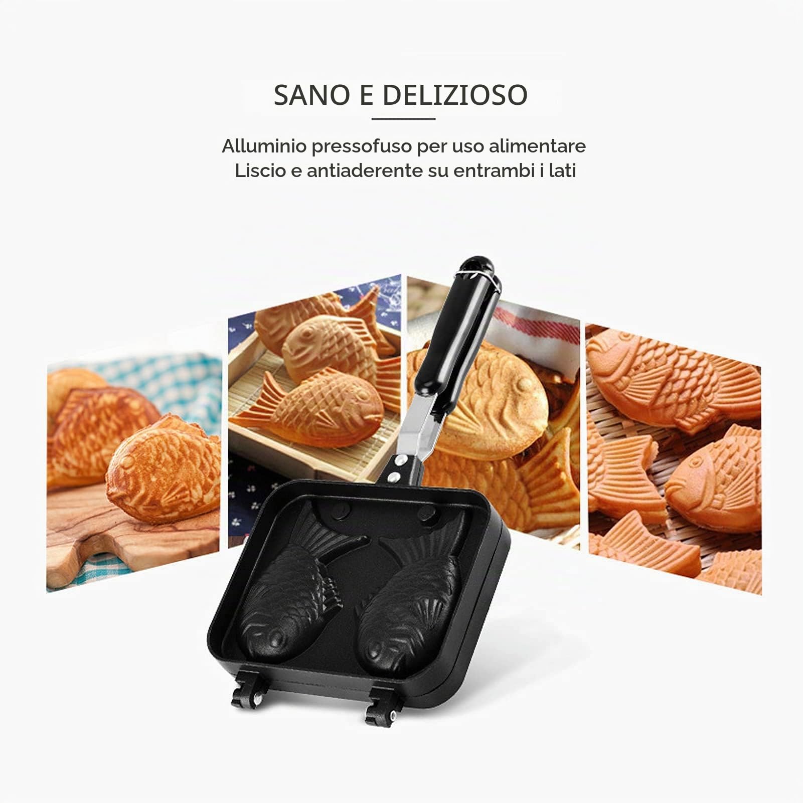 Stampo Taiyaki, Padella Antiaderente per Waffle a Forma di Pesce con Doppia Cottura, 38x19x4 cm in Alluminio, per Caffetterie e Casa