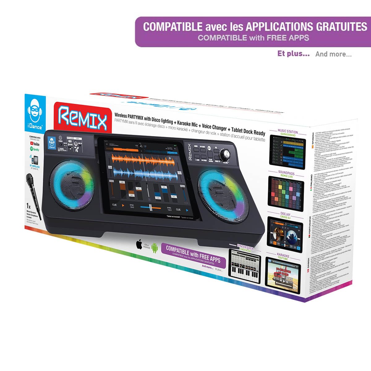REMIX Wireless PARTYMIX mit Disco Beleuchtung + Karaoke Mic + Voice Changer + Tablet Dock Ready