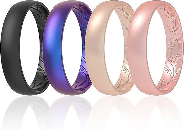 ThunderFit Women Silicone Wedding Rings, Breathable Leaf Cross Pattern Engagement Bands 4mm Wide 1.5mm Thick - 1/4 Variety Multipack