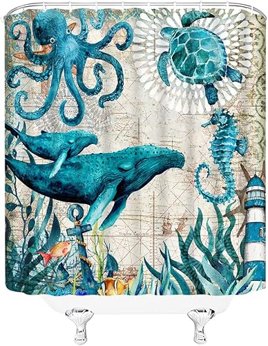 Miniatura 4 de MUENKKCS Cortina de ducha náutica de océano tortuga marina pulpo ballena caballito de mar animales de mar ancla del mundo faro mapa náutico juego de