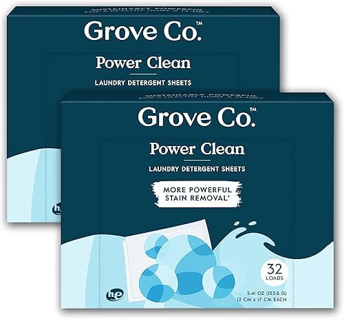 Grove Co. Hojas de detergente para ropa, hojas de lavado de disolución Power Clean (paquete de 2 – 64 cargas), removedor de manchas resistente, sin