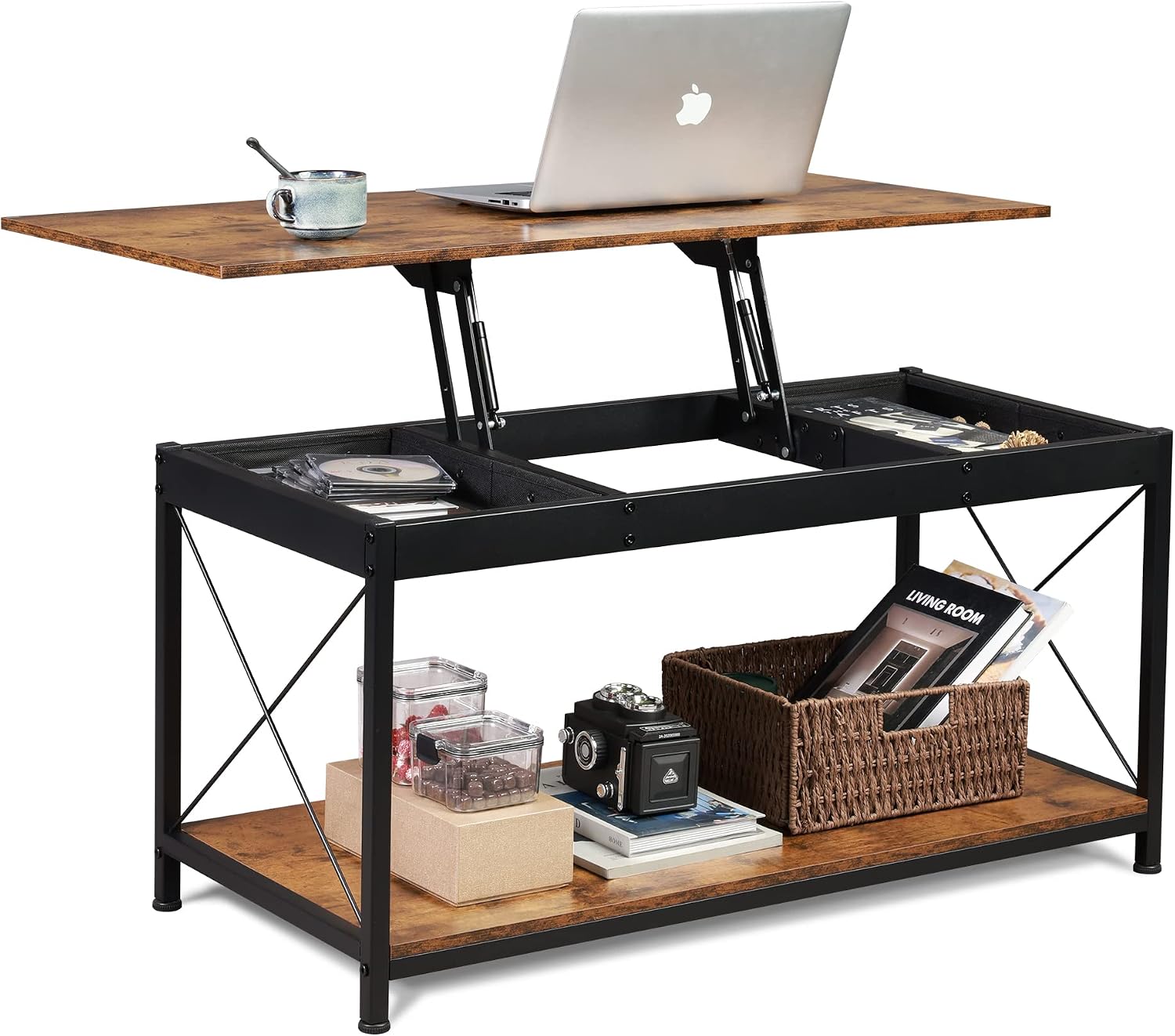WLIVE Lift Top Coffee Table with Storage Shelf and 2 Hidden Drawer Compartment for Living Room, Rustic Brown, Black