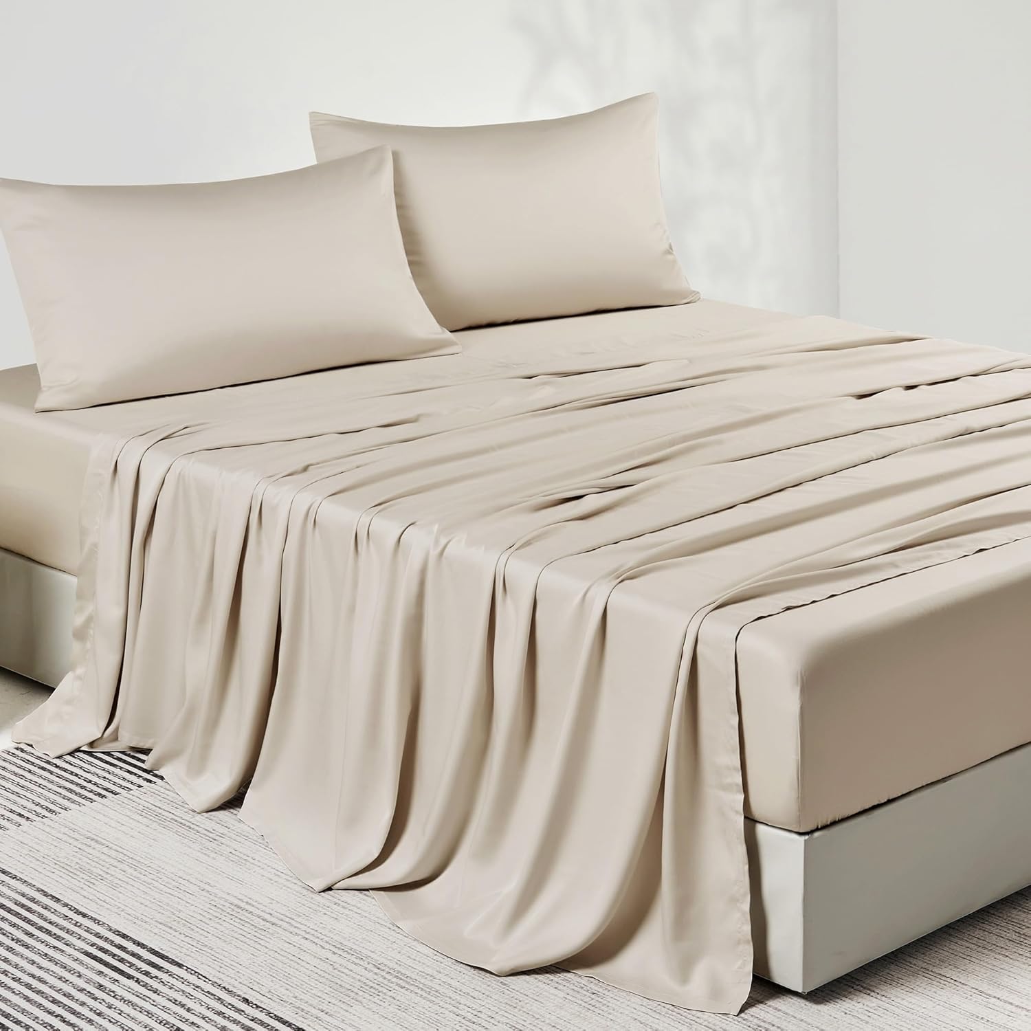 JELLYMONI Twin Sheet Set, Luxury Rayon Derived from Bamboo, Cooling Bed Sheet Set - Ultra Soft, Breathable, Eco-Friendly, Hypoallergenic - 4 Piece Sheets & Pillowcases, Light Khaki