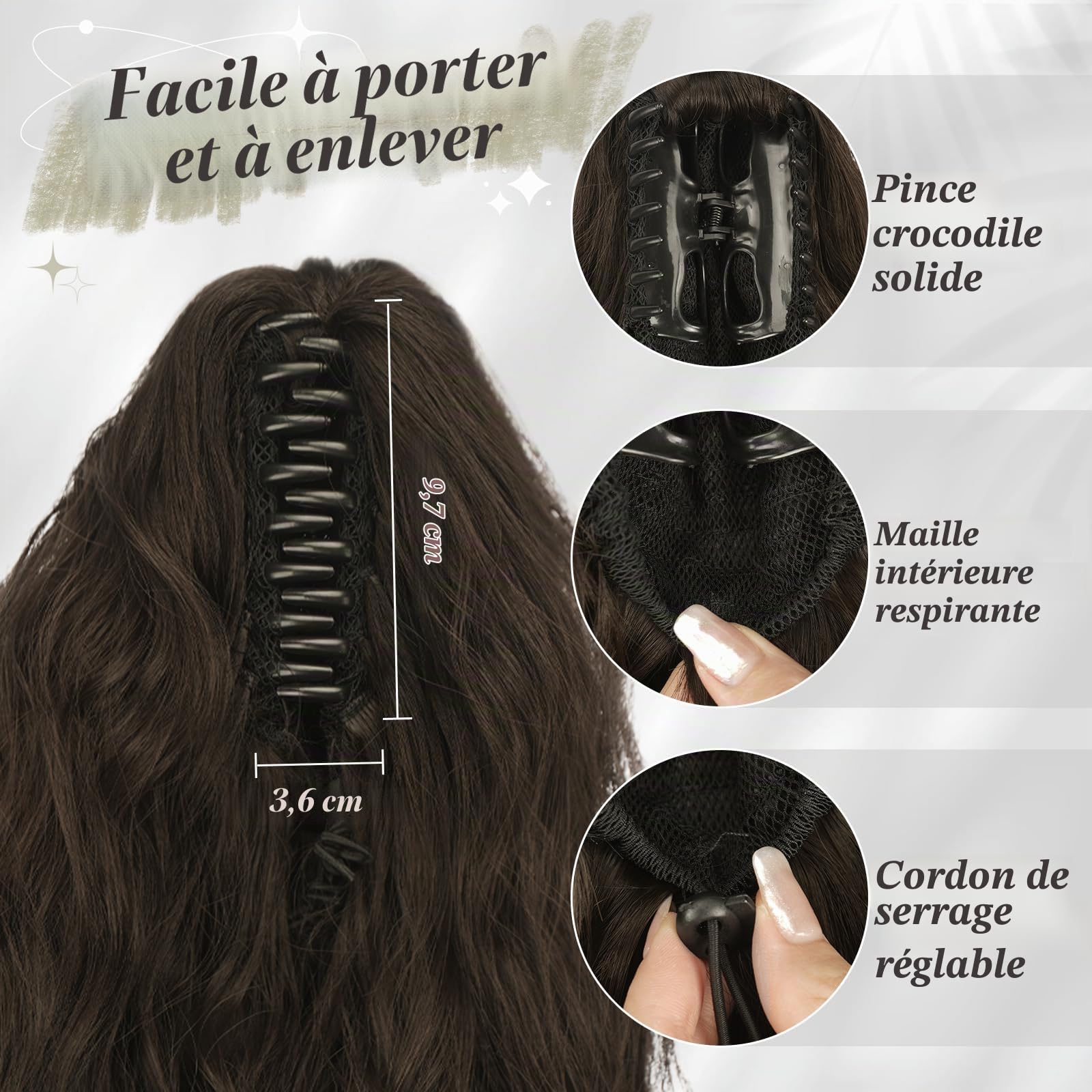 BARSDAR Extensions de cheveux synthétiques à clipser pour queue de cheval - 45,7 cm - Cheveux bouclés et ondulés - Pour tous les jours - Brun foncé