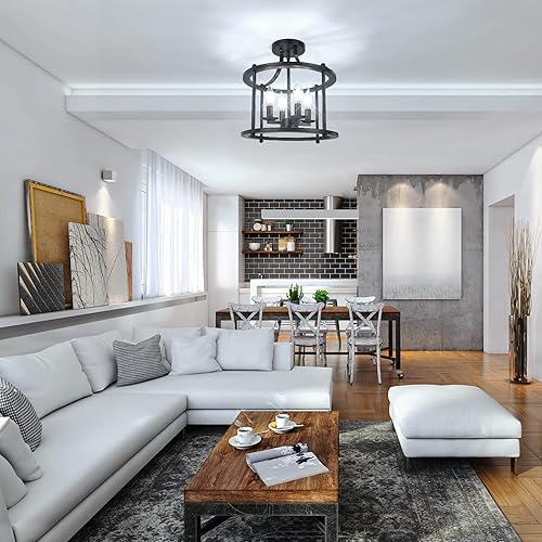 Miniatura 7 de Lámpara de techo semiempotrada de granja, lámpara de techo industrial de 4 luces con base E12 de metal rústico vintage para cocina, comedor,