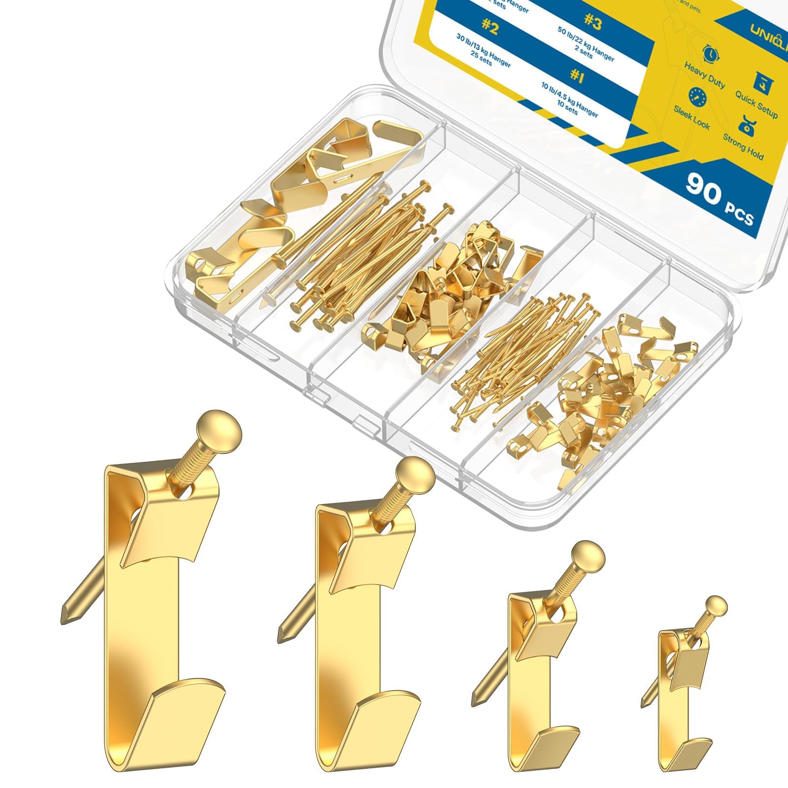 Uniclife 90 Pcs Picture Hanging Kit, 4.5 kg, 13 kg, 22 kg, 45 kg Heavy Duty Picture Hangers for Drywall & Wood, Picture Hanging Hooks, Frame Hooks for Hanging Photos Mirrors Paintings — image 1