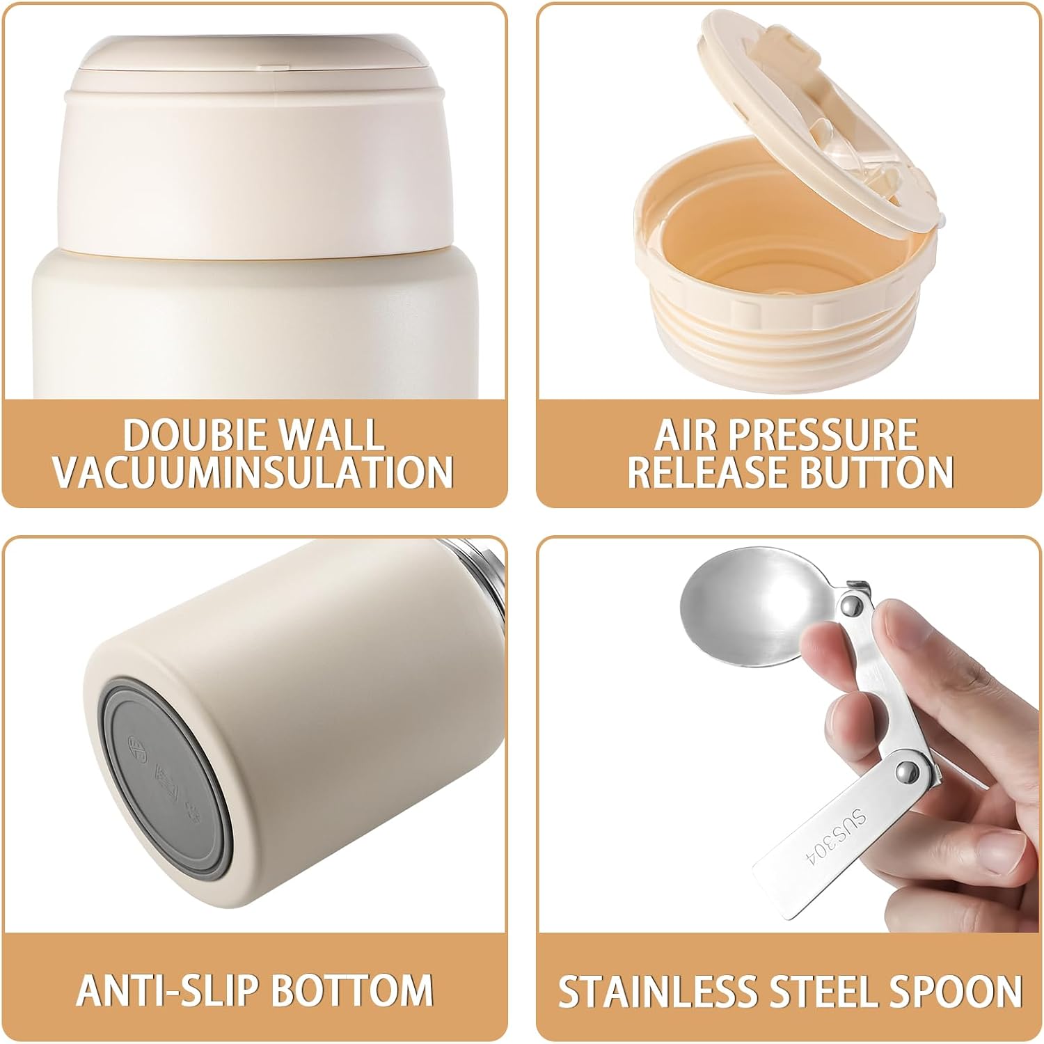 zeeooil Insulated Food Jar 17oz Thermos for Hot Food Stainless Steel Lunch Container with Spoon Leakproof Soup Thermo for Travel (White)