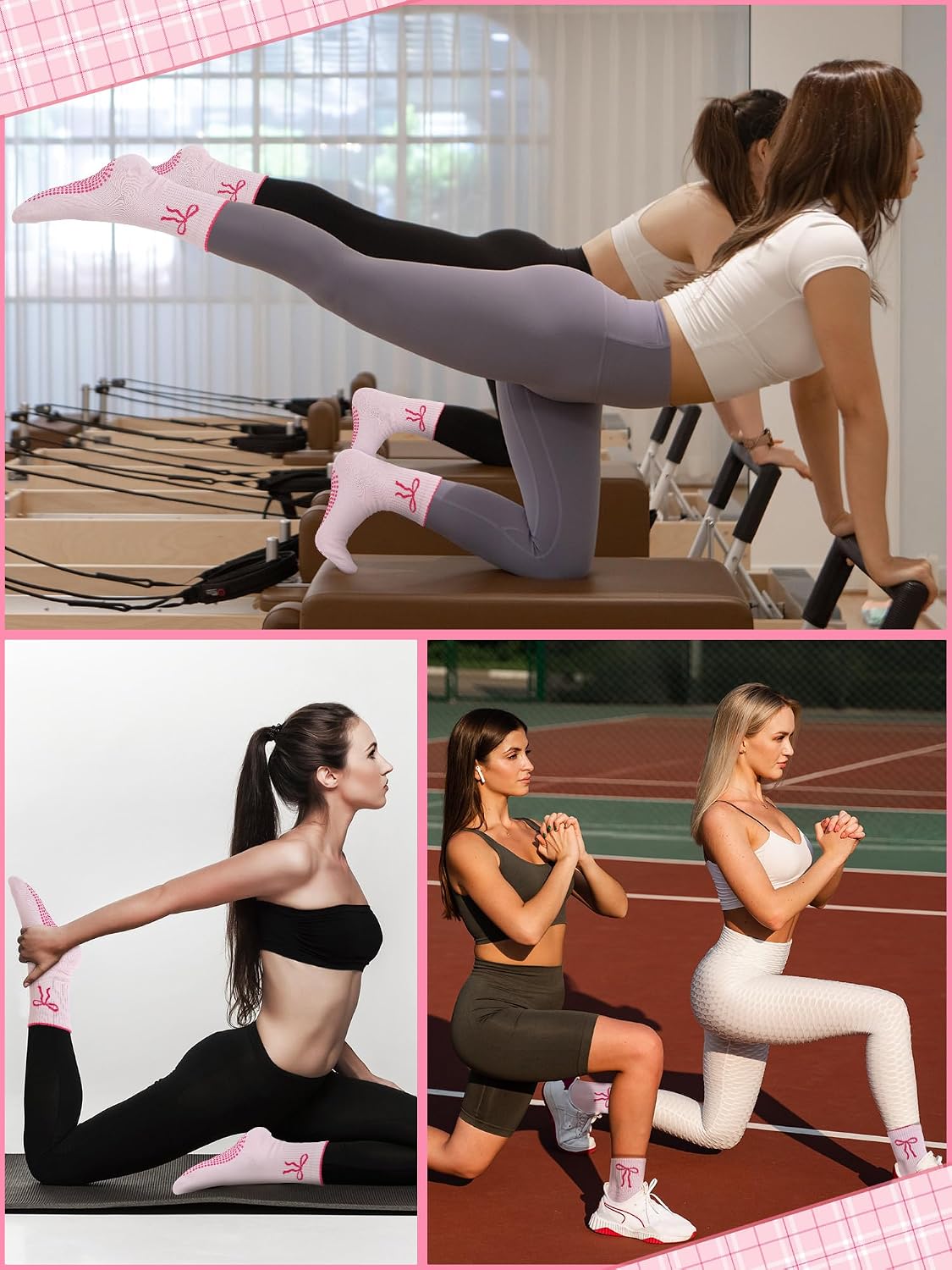 3 Pairs Cute Pink Bow Pilates Sock with Grips for Women Cotton Non Slip Yoga Grip Crew Sock Workout Ballet Gift