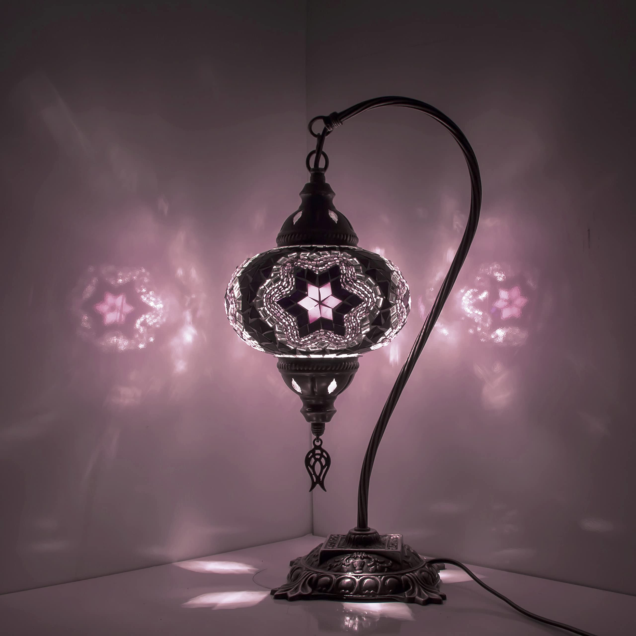 Turkish Mosaic Table Lamp,Stunning Moroccan Style, Unique Globe Lampshade, Swan Neck Series (Small Pink)