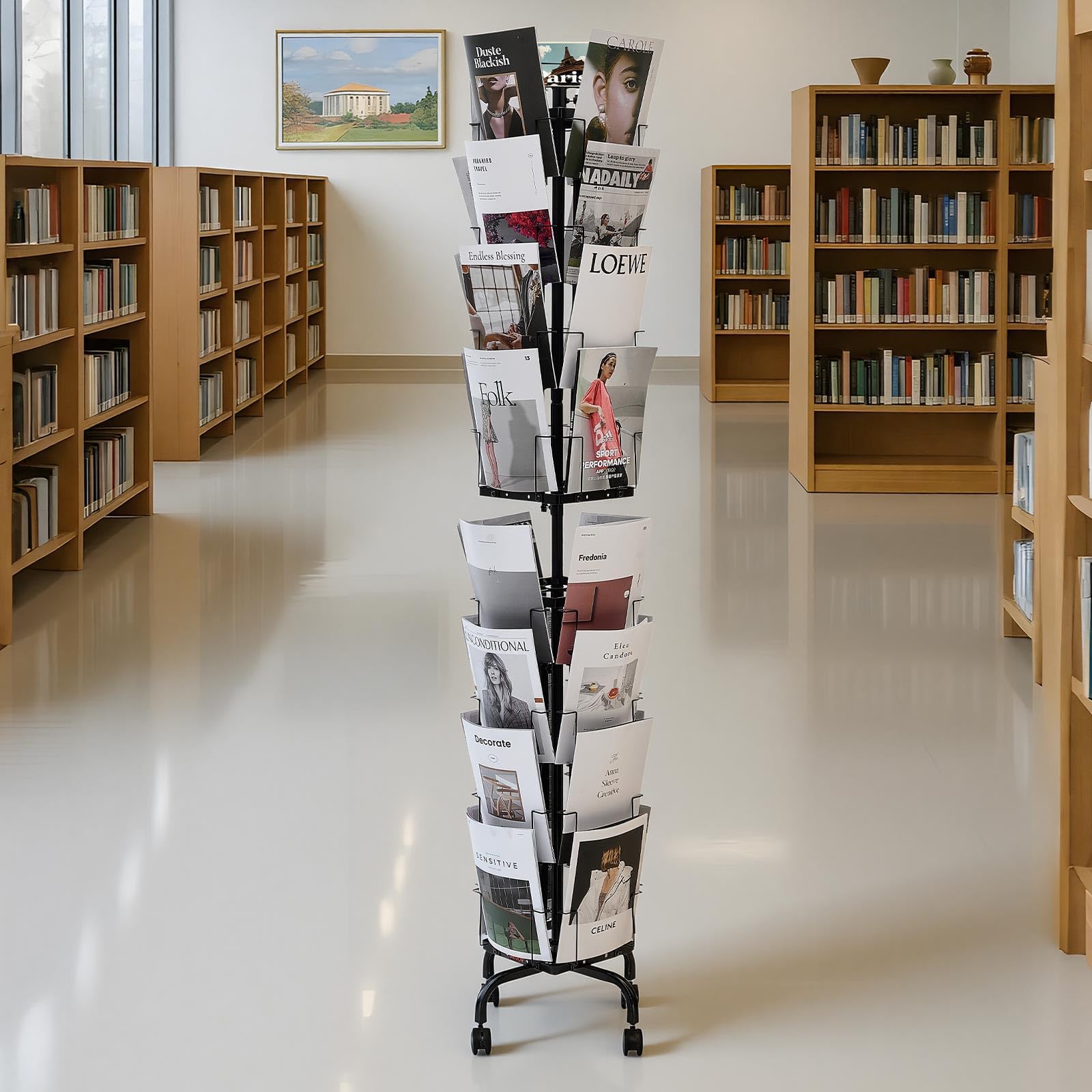 VEVOR Supporto Portariviste da Pavimento Girevole per Brochure e Cartoline con 32 Tasche, Espositore Girevole a 360° con 4 Ruote, Espositore da Terra per Brochure per Mostre, Uffici e Fiere