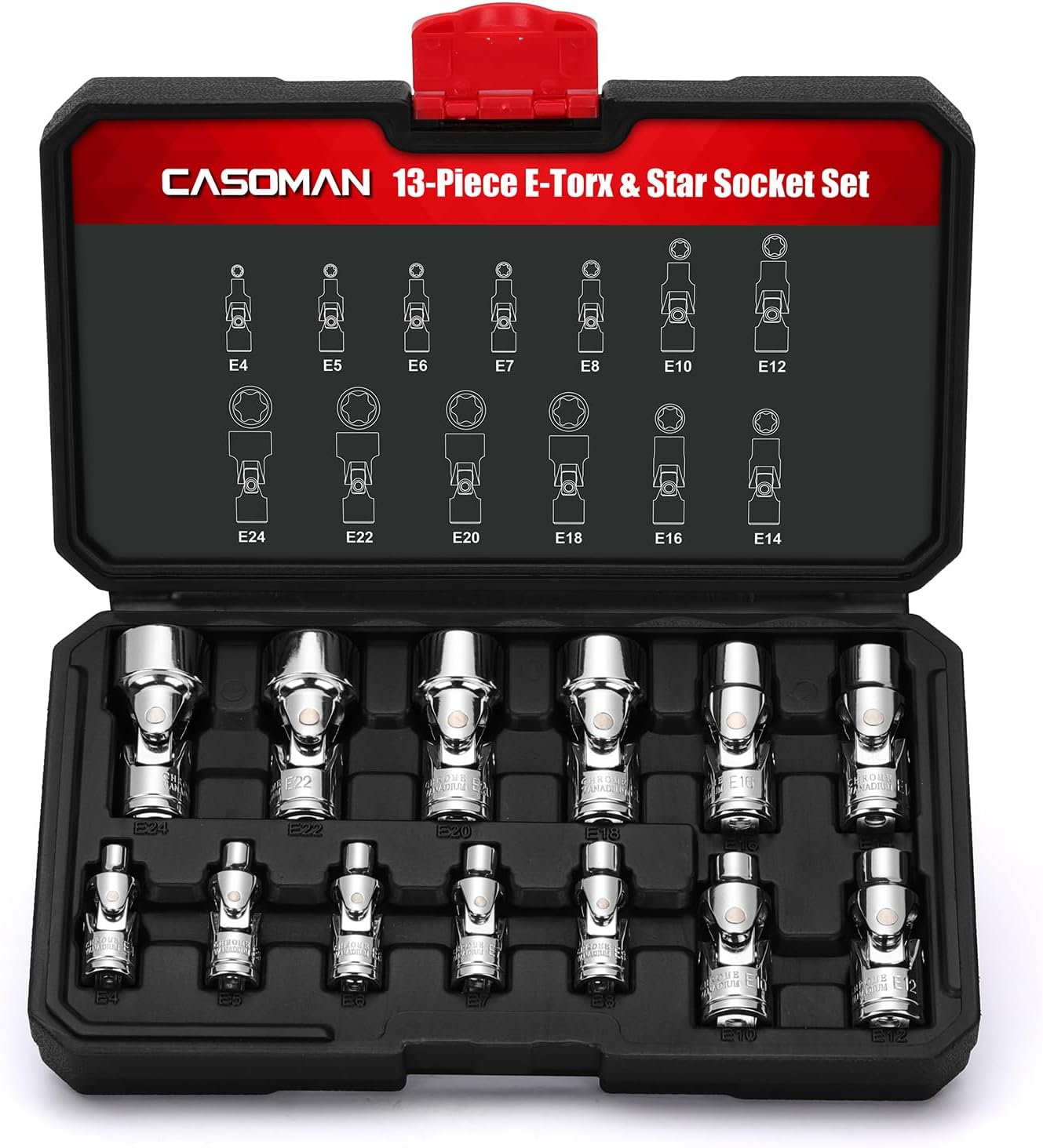 CASOMAN 13PCS 1/4" & 3/8" Drive Universal External Star Socket Set, E4 to E24, CR-V, Swivel Head, 360 Degree Access, with Sturdy Molded Case