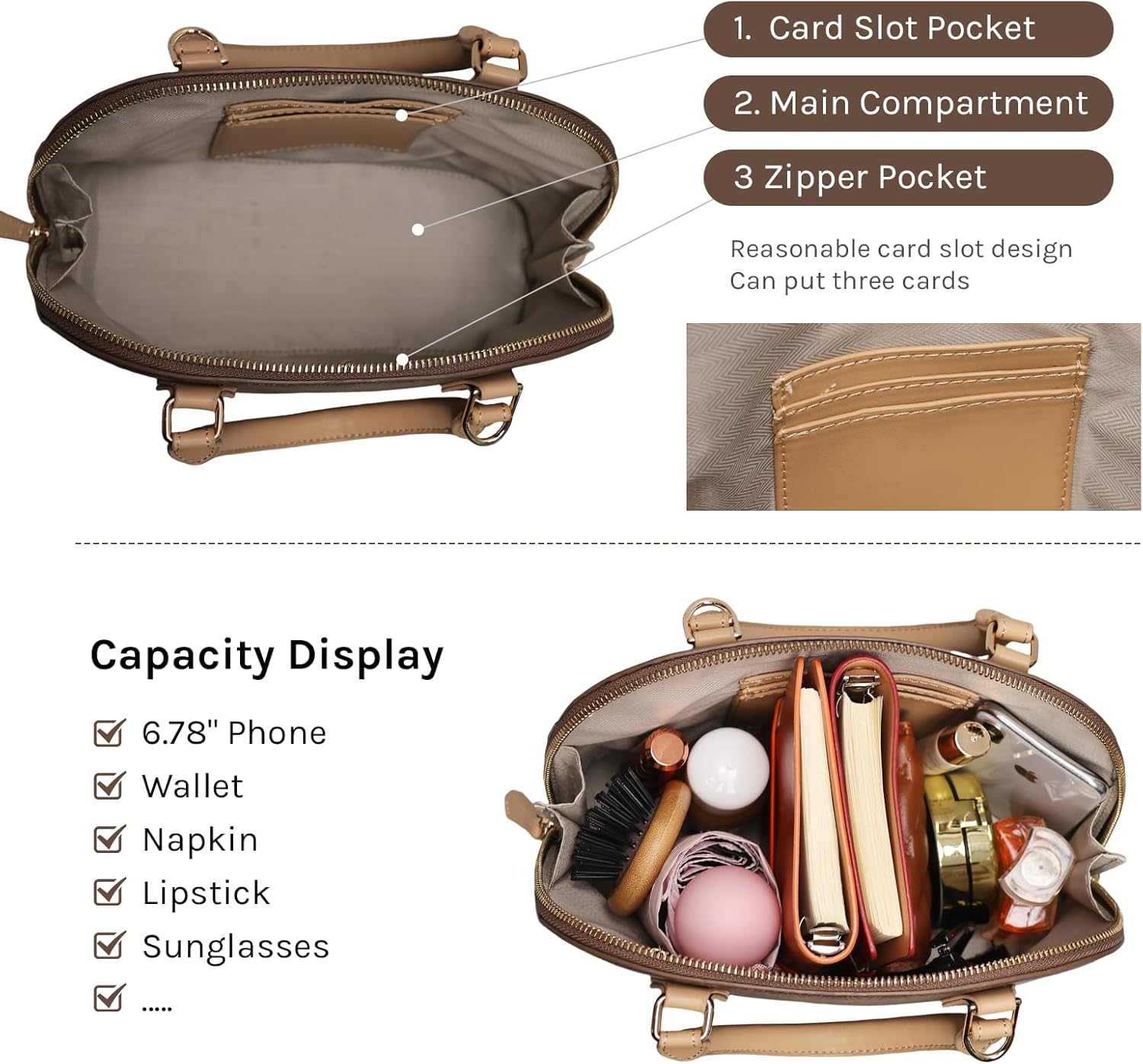 Satchel Purse for Women, Vegan Leather Classic Dome Shape Small Handbag with Detachable Strap - Crossbody & Top Handle Bag - Image 3