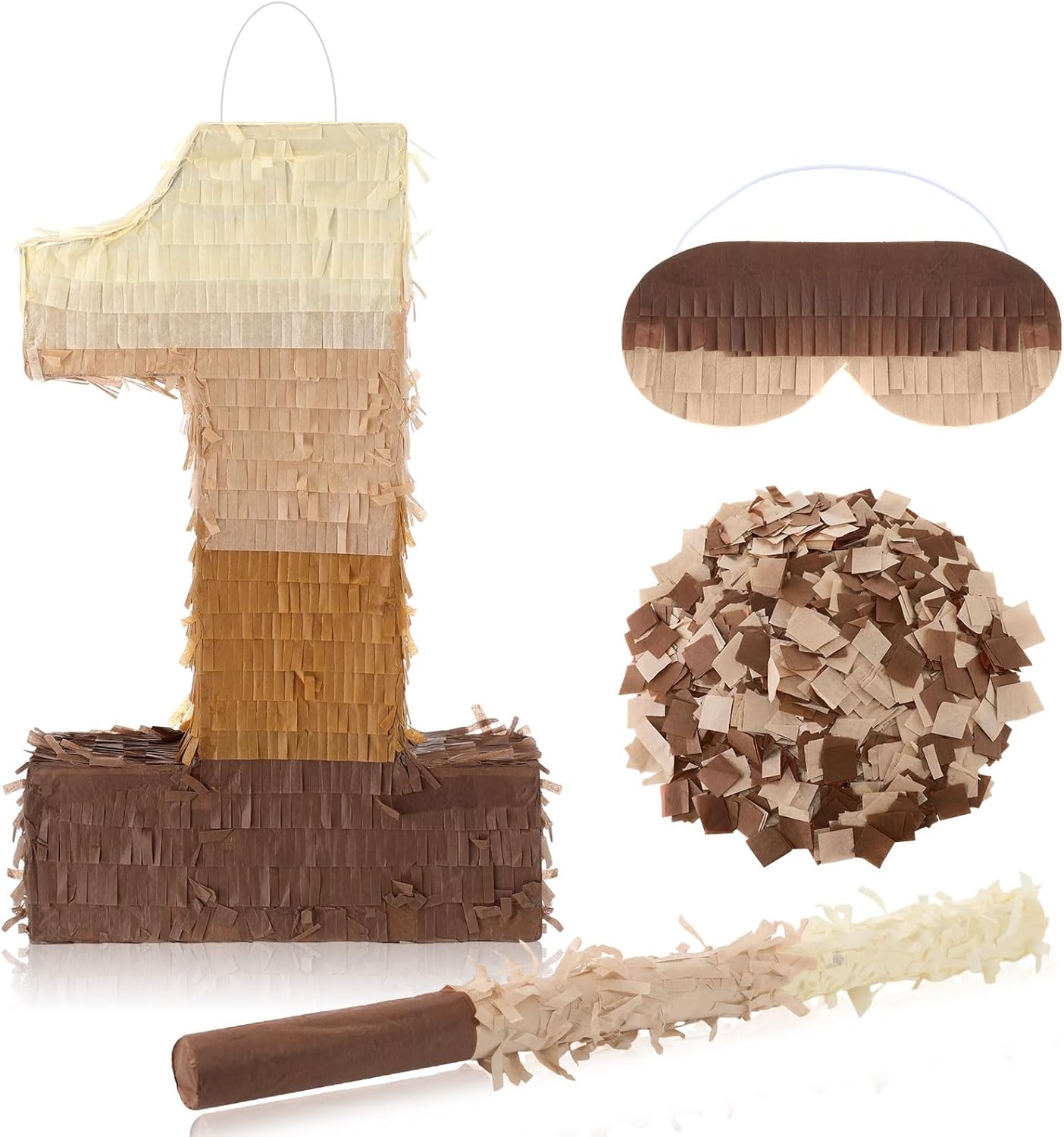 Arrowbash Brown Number 1 Pinata with Stick Blindfold Confetti Brown Gradient Piñata 16 x 11 x 3 in Fillable Hanging Decoration for 1st Birthday Party Anniversary Supplies and Decorations
