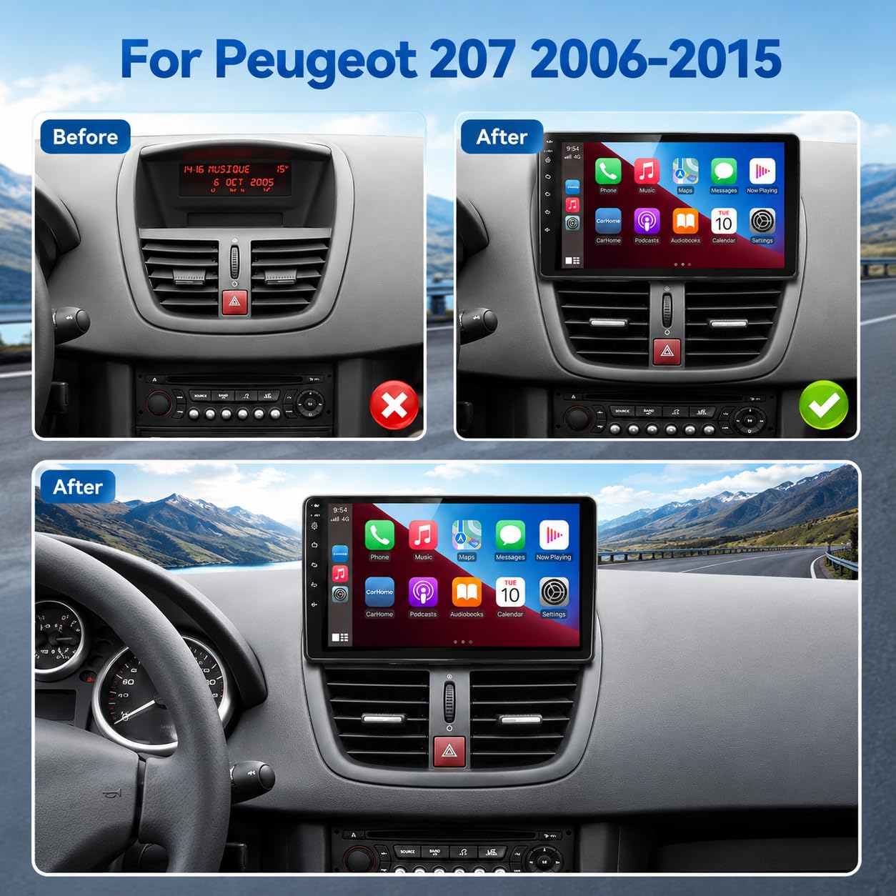 Autoradio Carplay Peugeot 207 2006-2015 Wireless Carplay Android Auto 9" Écran Tactile avec Navigation GPS/caméra de recul/Bluetooth/WiFi/Miror Link/MIC/FM/SWC