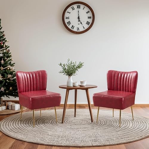 Miniatura 35 de Moderno juego de 3 sillas decorativas de piel sintética, tapizadas, con respaldo de alas sin brazos con patas doradas, cómodo sofá individual, Rojo