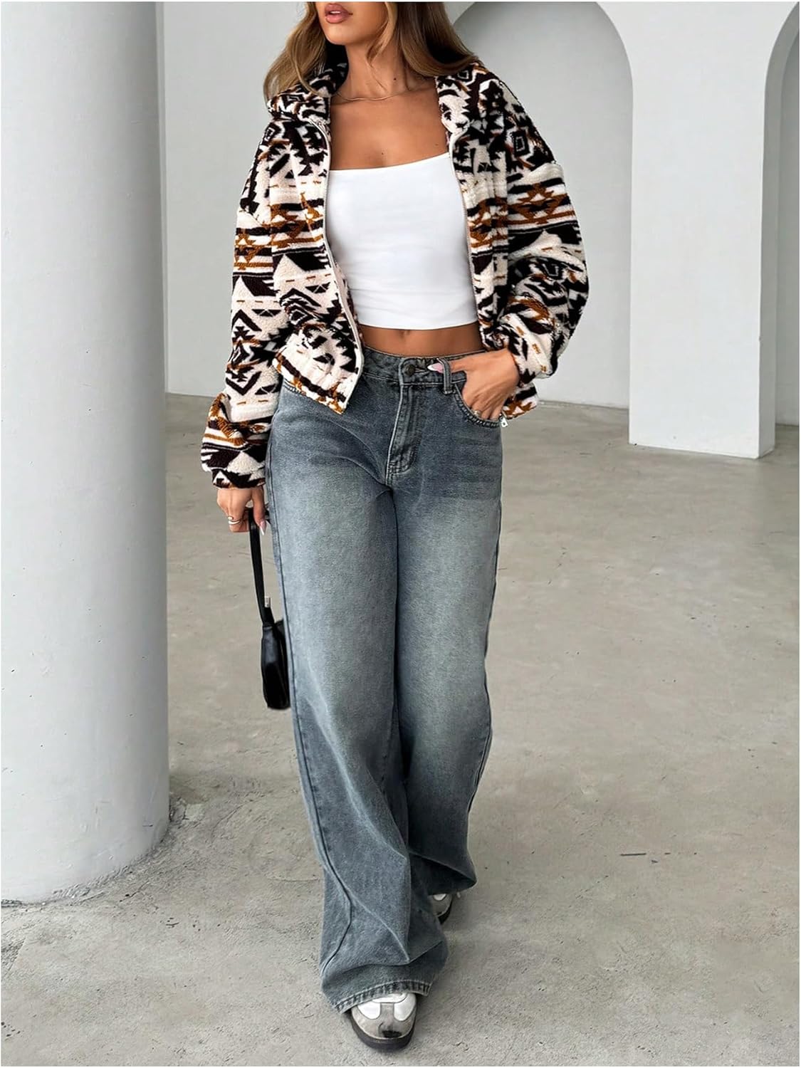 Milumia Women's Geo Print Sherpa Fleece Jacket Zip Up Collar Long Sleeve Coats Outerwear - Image 5