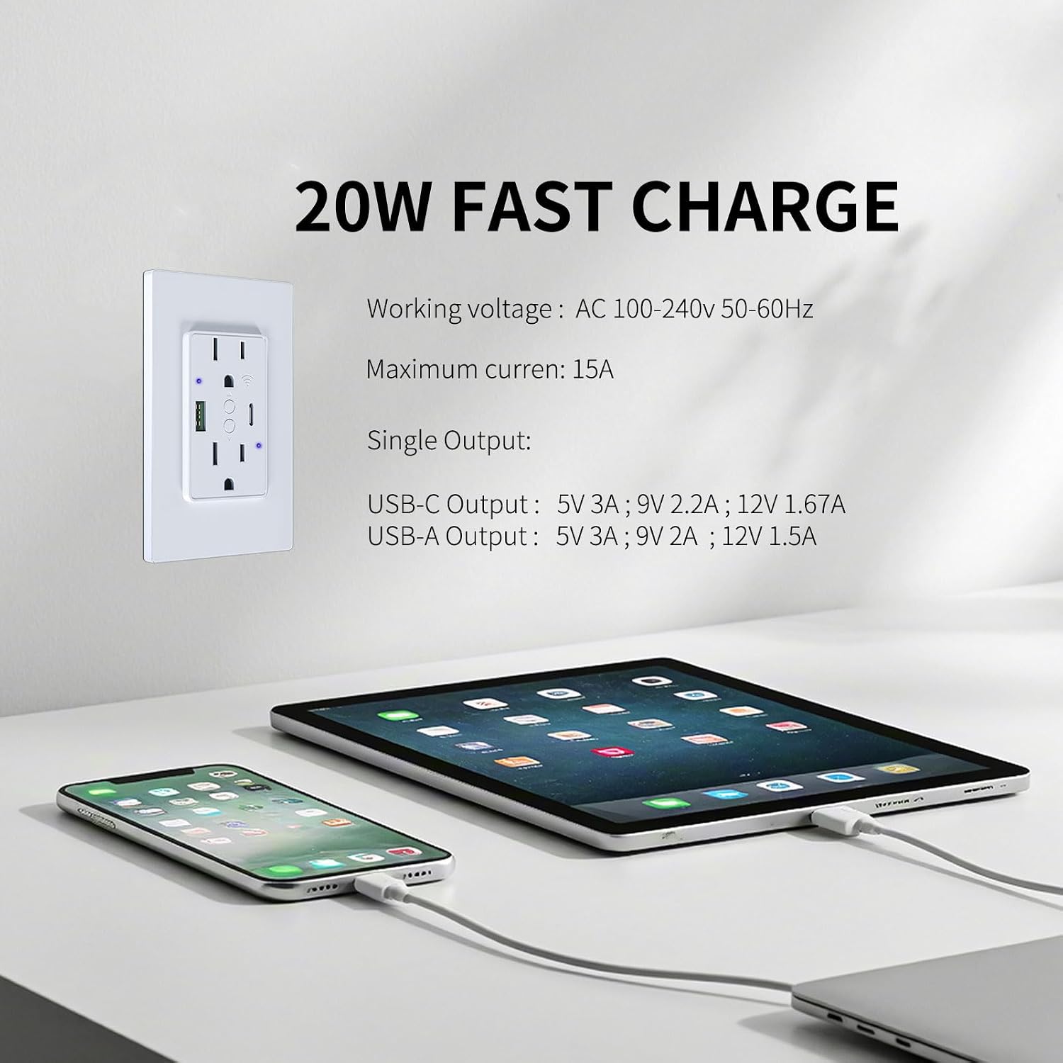 2.4GHz Wi-Fi in-Wall Plug Socket, PD 20W Fast Charging Smart USB Wall Outlet Receptacle with Type-C & Type-A Charger for Phone/Laptop/Home and Office Appliances