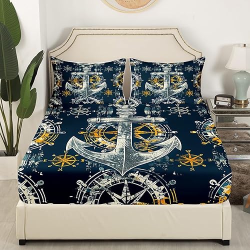 Miniatura 3 de Manfei Juego de sábanas náuticas para niños, tamaño matrimonial, juego de ropa de cama con brújula de ancla náutica para decoración de habitación de