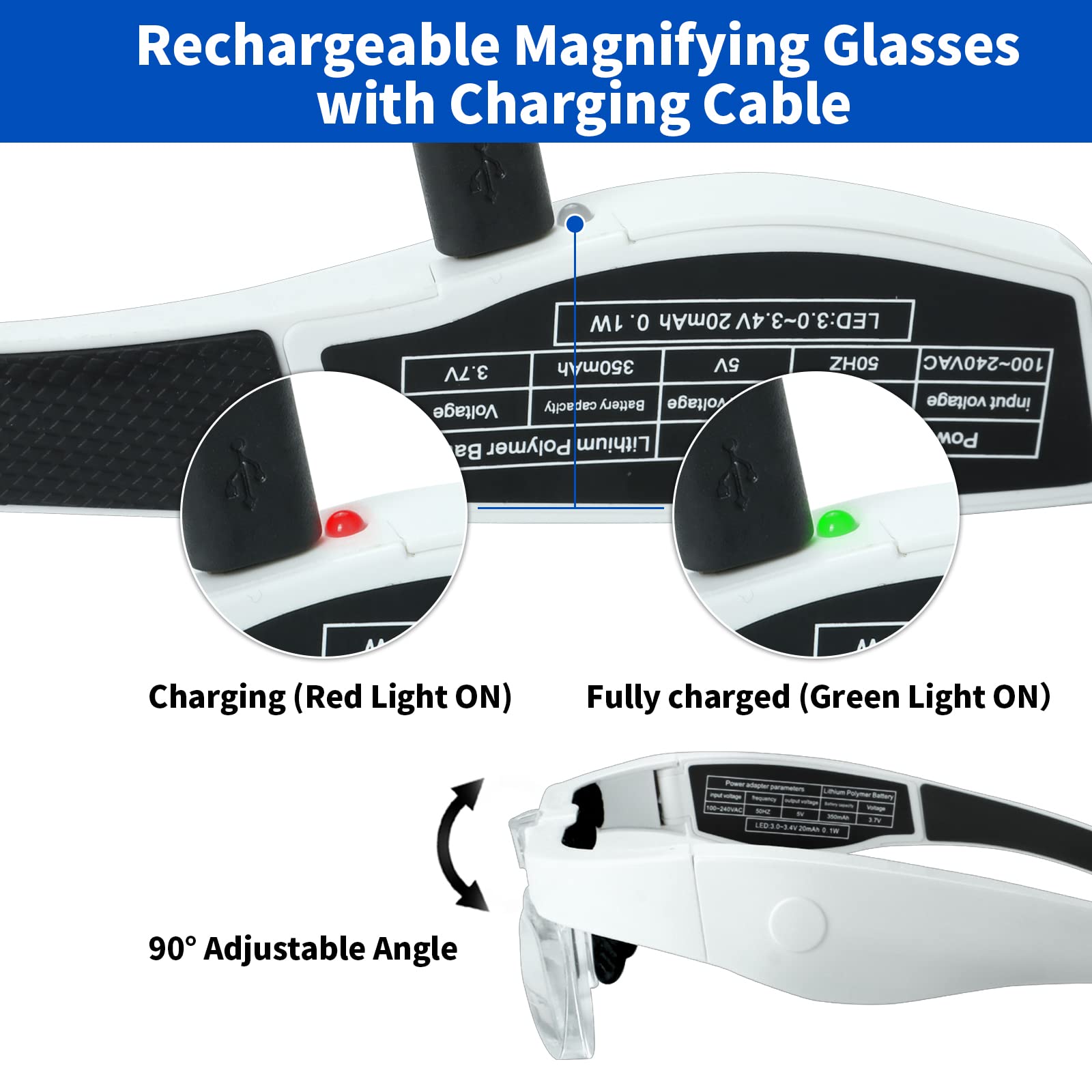 OBOVO Hoofdband Vergrootglas, oplaadbare vergrootbril met 2 LED-licht, handsfree verwisselbare vergrotingslenzen 1,5 x 2,5 x 3,5 x 5x voor sieraden, ambachten, kruissteek