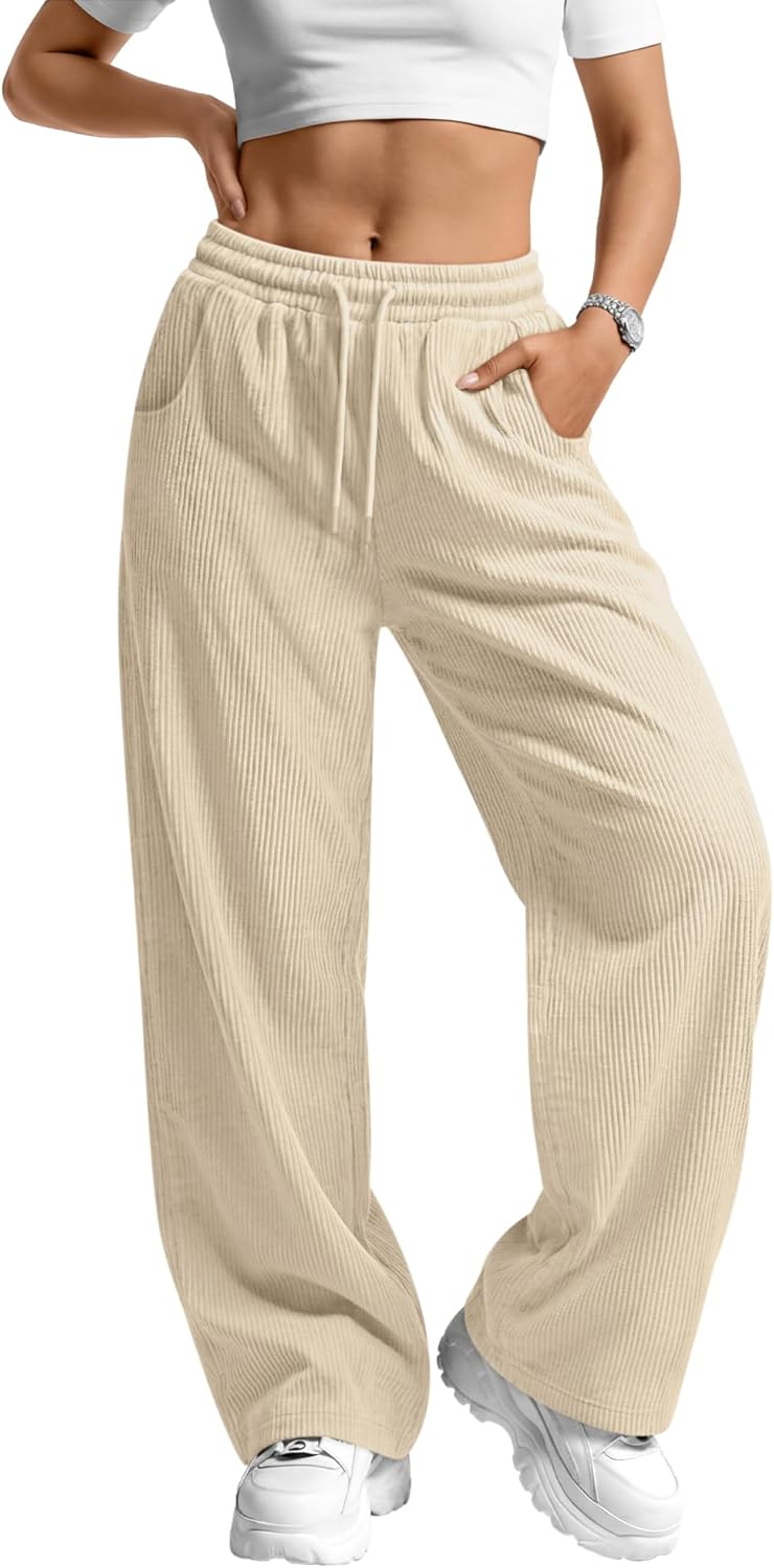 Corduroy Pants for Women Casual Drawstring Elastic Waist Baggy Wide Leg Barrel Loose Comfy Trousers with Pockets